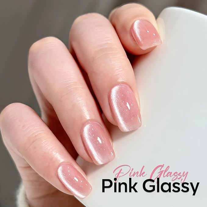 modelones Cat Eye Gel Nail Polish Pink 9D Cateye with Magnet Shimmer Soak Off Reflective Translucent Gel Magnetic Top Coat Nail Polish for Women Girl 15 ML