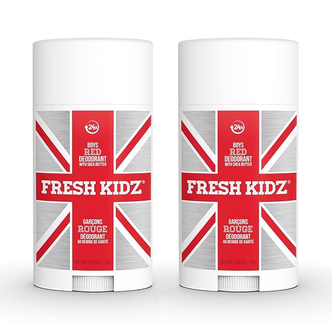 Fresh Kidz Deodorant Stick for Kids and Teens - Baking Soda and Aluminum-free 24 Hour Protection for Sensitive Skin - Boys "Red", 2.65 oz / 75 g (2 Pack)