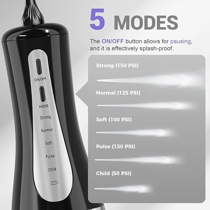 350ML Water Dental Flosser Teeth Pick with Travel Bag, 5 Modes Portable Cordless Oral Irrigator Cleaner, Electric Rechargeable IPX7 Waterproof for Home Travel Teeth Cleaning flossing(Black)