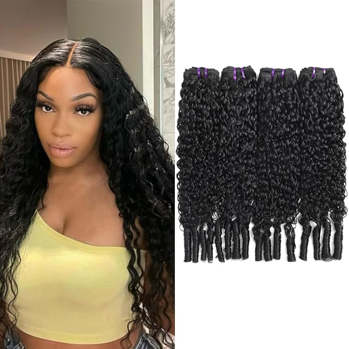 Curly Human Hair Bundles 18 20 22 24 Inches Burmese Water Wave Human Hair Weave with Spriral End Quick Weave Hair Natural Black for Women