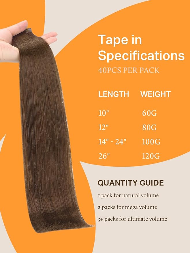 DOORES 40pcs 100g Tape in Human Hair Extensions Chocolate Brown Straight Remy Hair Extensions Natural Hair Extensions Skin Weft 24 Inch