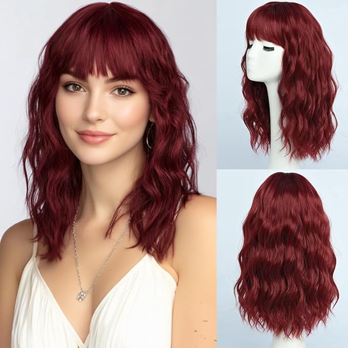 Burgundy Wigs with Bangs for Women Synthetic 16inch Medium Length Wigs with Natural Long Wavy Fringe Bang wig Heat Resistant Hair for Daily Party Use(Wine Red)