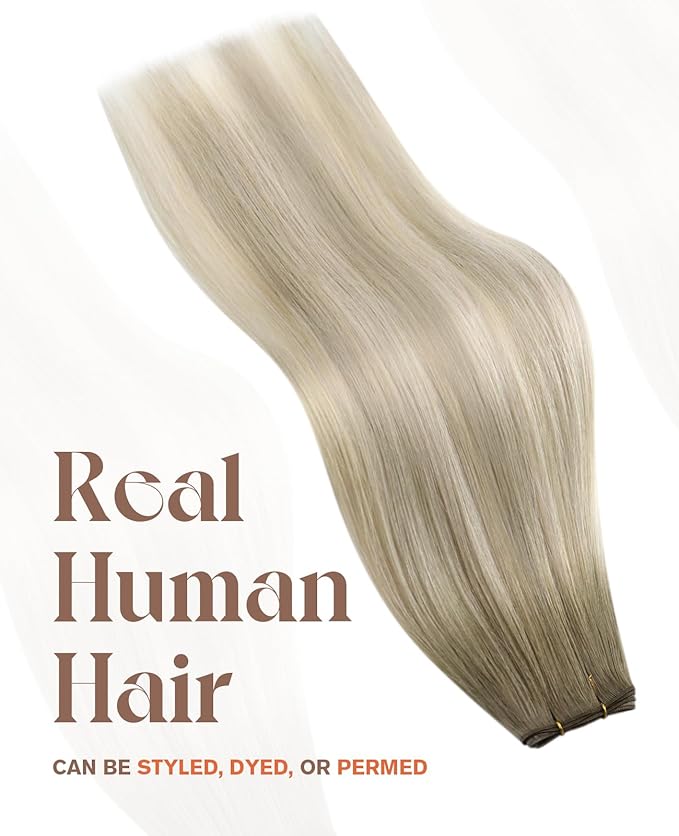 Sunny Hair Genius Weft Hair Extensions Human Hair Sew In Hair Extensions Real Human Hair Ash Blonde Roots to Platinum Blonde Ombre Invisible Weft Extensions Human Hair Long Straight 22 Inch 80G