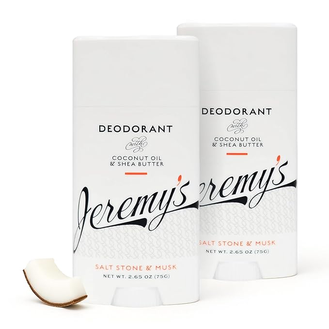 Jeremy's Razors Men's Natural Deodorant - Aluminum Free, Paraben Free, Baking Soda Free Body Deodorant Stick, With Coconut Oil & Shea Butter, Salt Stone & Musk Scent (Made in USA, 2.65 Oz, 2 Pack)