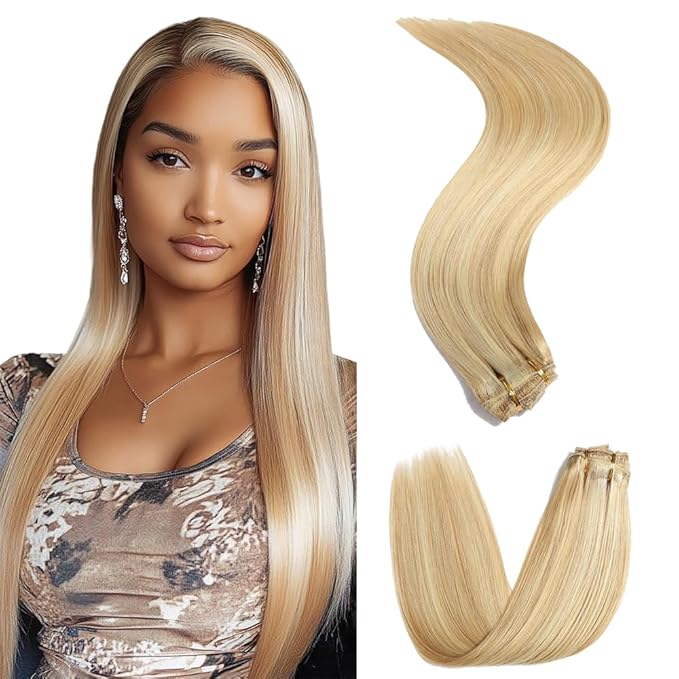 24 Inch P27/613 Blonde Clip in Hair Extensions - Real Remy Human Hair, 120g 7pcs, Highlight Blonde Human Hair Extensions Clip ins for Women