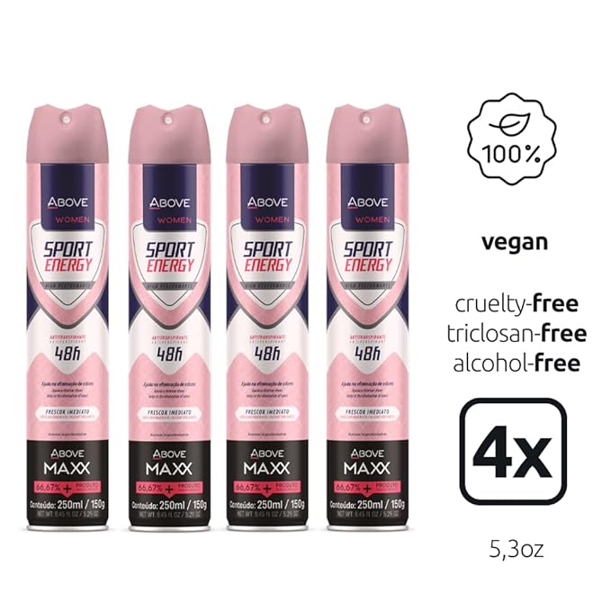 ABOVE Deodorant Women Spray, Sport Energy MAXX 48 Hours -Protects Against Sweat & Body Odor - Dry Anti Perspirant Women Spray, Instant Freshness - Alcohol Free - 5.29 oz (4 Pack)