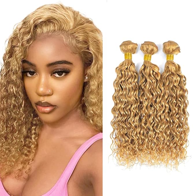 22 24 26 Inch Blonde Bundles Human Hair #27 Honey Blonde Water Wave 3 Bundle Unprocessed Brazilian virgin hair Weave Extensions Double Weft 50 Grams/Bundle Colored Blonde Bundles for Woman