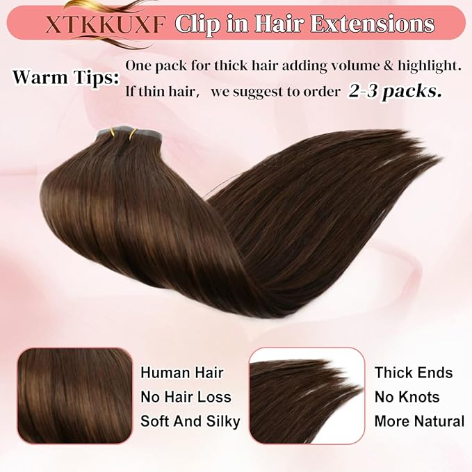 Seamless Clip in Hair Extensions Real Human Hair For Women 125g 20 Inch Chocolate Brown Invisible PU Skin Weft Remy Human Hair Extensions clip ins 7Pcs 18 Clips