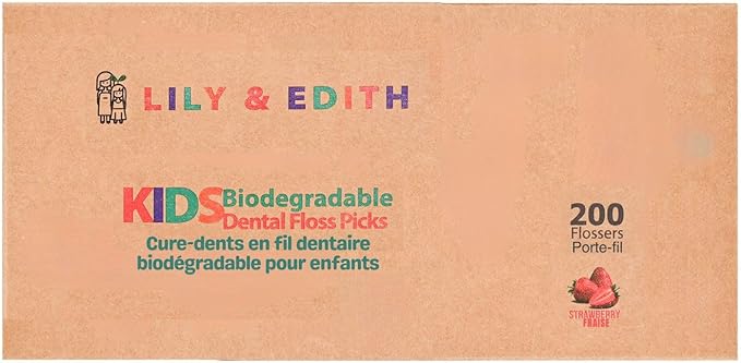 LILY & EDITH Kids Plant Based Dental Floss Picks 200 Counts, Fluoride Free, Corn Starch Material, Chemical Free, Fun Animal Flossing Sticks, Ultra Sturdy Thread, Zero Waste Package (Strawberry)