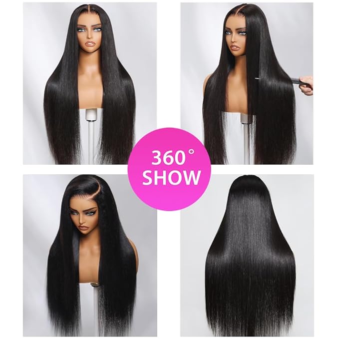 28 Inch Glueless Wigs Human Hair Pre Plucked Pre Cut 7X5 HD Lace,Straight Wear and Go Pre Bleached Knots Glueless Wig,Natural Hairline with Baby Hair for Women 200% Density Natural Black