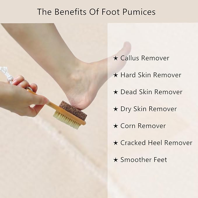 Dry Brushing Body Brush Set, Exfoliating Back Scrubber and Natural Lava Pumice Stone Brush for Feet, Horsehair Shower Brush Long Handle Detachable for Cellulite Lymphatic Improvement