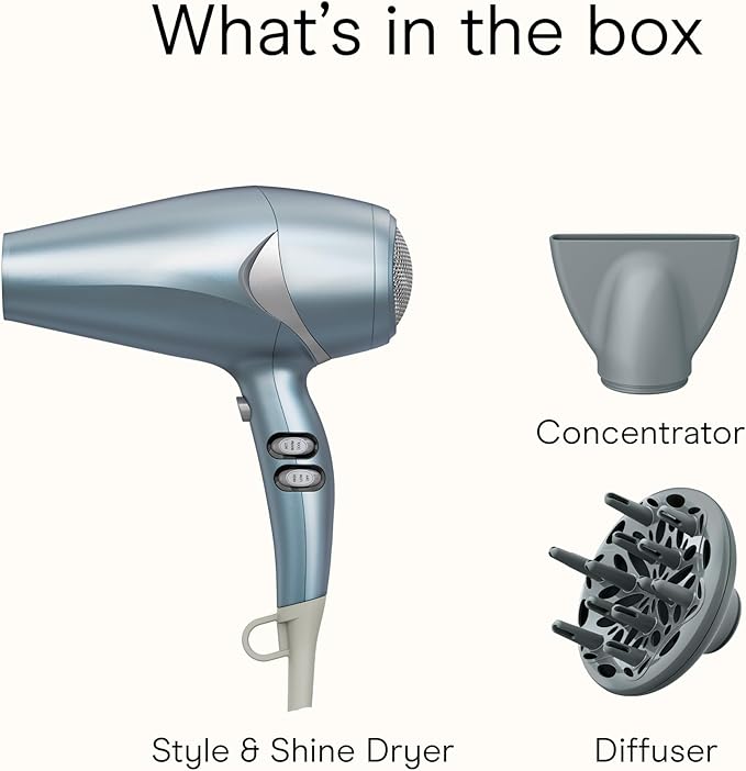 Infiniti PRO CONAIR Hair Dryer with Diffuser and Concentrator, 1875W Style & Shine Blow Dryer with Tourmaline and Ionic Conditioning to Fight Frizz, 3 Heat & 2 Speed Settings, Blue