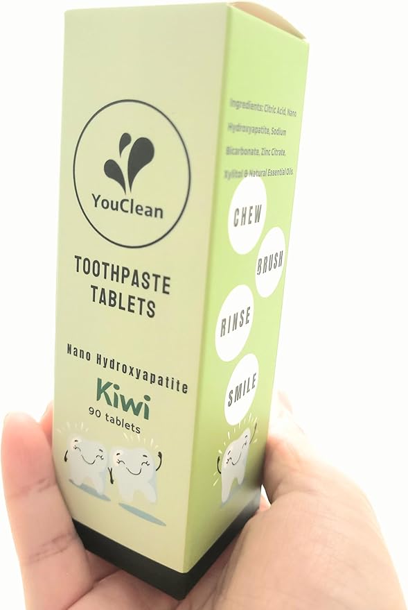 90 Toothpaste Tablets in Refill/Recycle Glass Tube - for Travel and Daily Home Office Use - Nano Hydroxyapatite, Fluoride-Free, Vegan (Kiwi)