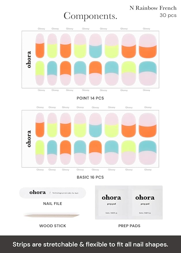 ohora Semi Cured Gel Nail Strips (N Rainbow French) - Nude, French, Works with UV/LED Lamps, Salon-Quality, Long Lasting, Easy to Apply & Remove - Includes 2 Prep Pads, Nail File & Wooden Stick