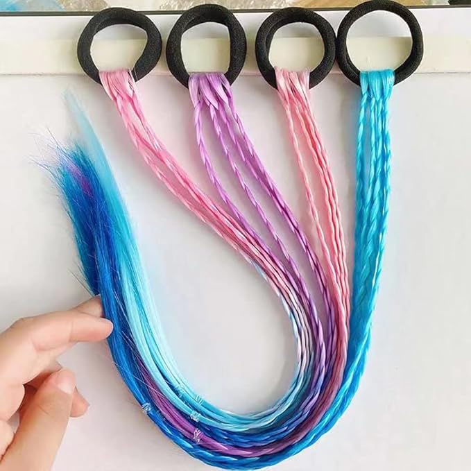 18 Inch Girls Rubber Bands Hair Extensions for Kids Crazy Hair Day Accessories Colorful Wigs Colored Braids for for Girls Women Hair with Rubber Bands Rainbow Braided Synthetic Ponytail for 12pcs