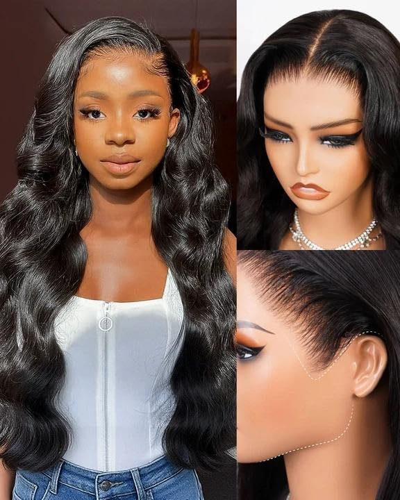 13x6 HD Lace Front Wigs Human Hair Body Wave Glueless Pre Plucked 220% Density Wear and Go Wig with Drawstring Ear to Ear Bleached Knots 24 Inch
