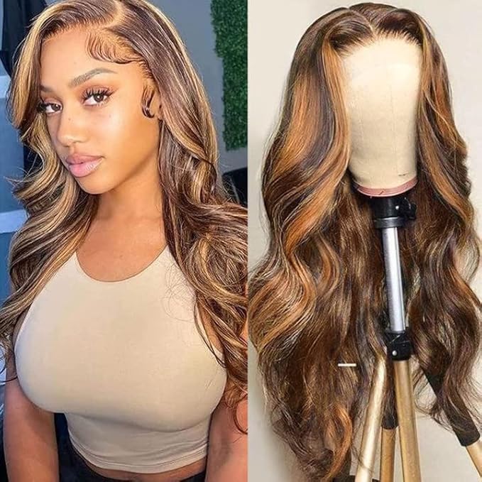 Aicrelery 32 Inch Highlight 13x6 Lace Front Wigs Human Hair Ombre P4/27 Colored Honey Blonde Frontal Wigs Pre Plucked with Baby Hair 180% Density Ombre Body Wave Human Hair Lace Front wig for Women