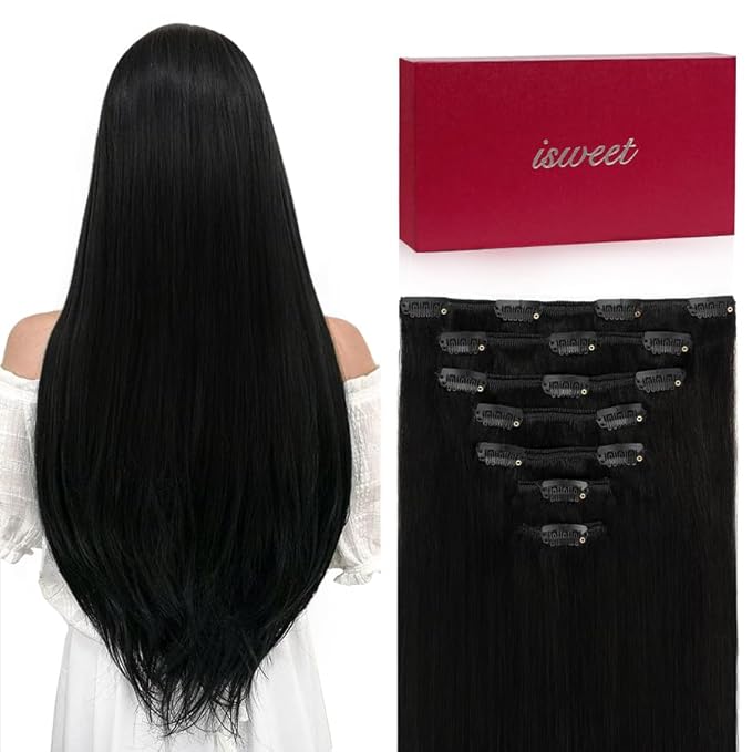 Straight Clip in Hair Extensions Real Human Hair, 7Pcs 14 Inch 95g #1 Jet Black Invisible Natural Soft Remy Human Hair Extension Clip ins, Double Weft Hair Extensions Real Human Hair for Women