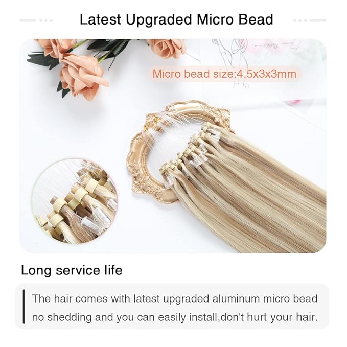 SUYYA Micro Loop Hair Extensions Real Human Hair Ash Blonde/Bleach Blonde Micro Links Straight Microlink Hair Extensions 50 Strands 50g/Pack for Women (18 inch #P18/613)