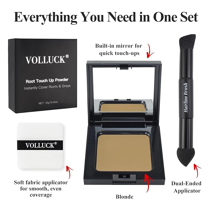 VOLLUCK Root Touch up Powder, Long-lasting Gray Hair Cover up Powder for All Hair Types, Waterproof for Women and Men (Blonde, 0.42 0unce)