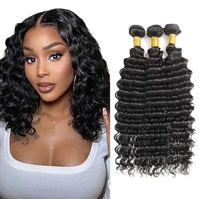 Deep Wave Bundles Human Hair Black Natural Color Bundle Brazilian Unprocessed Virgin Hair 150g/3 Bundles 12 14 16 Inch Deep Wave Human Hair Weave