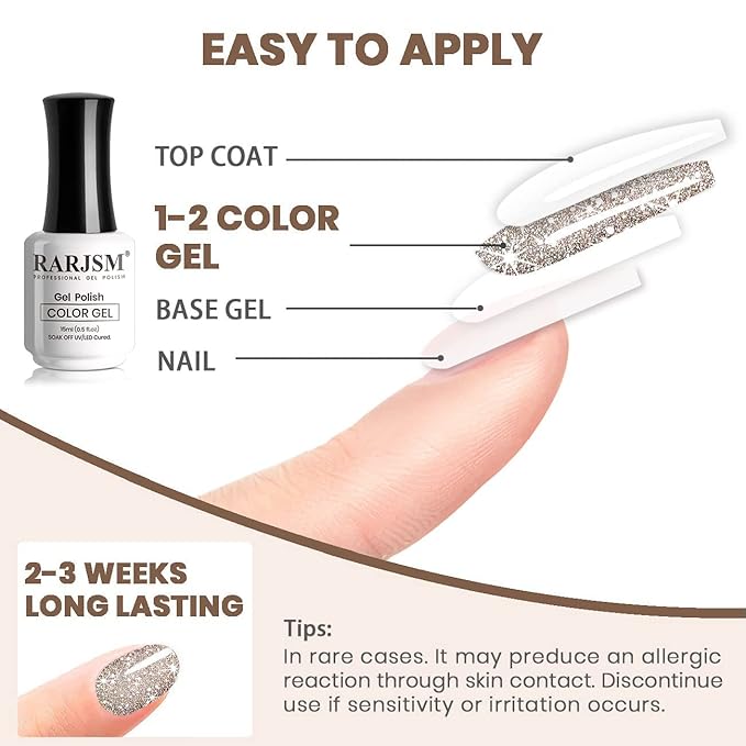 RARJSM Reflective Glitter Gel Nail Polish Champagne Brown Flash Diamond Nail GelPolish Soak off Disco Shimmer Gel Polish UV LED Curing Require 15ml 0.5FLOZ for Home Salon Diy Nail Manicure Decoration