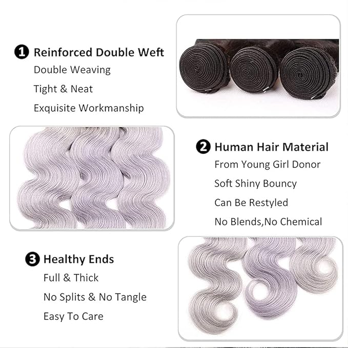1B/Grey Human Hair Bundles Light Grey Body Wave Bundle Grey Bundle Human Hair Unprocessed Virgin Hair 3 Bundles 20 22 24 Inch