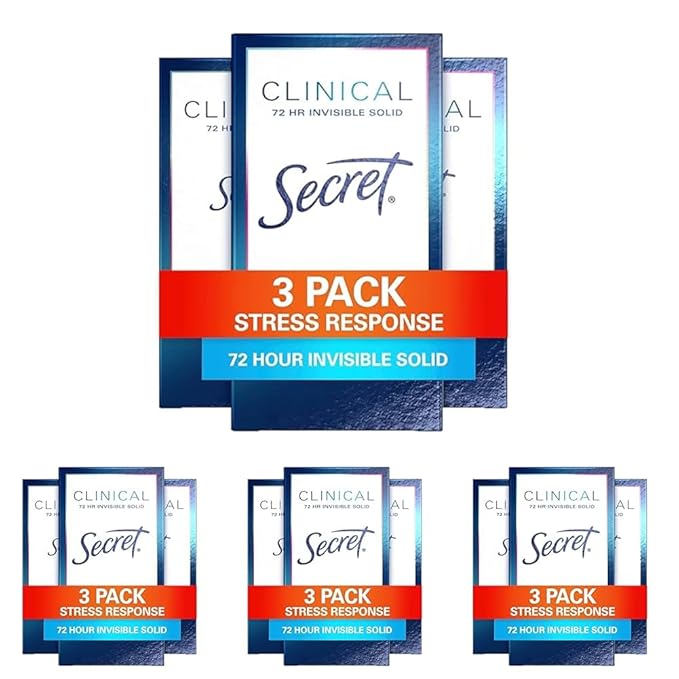 Secret Clinical Strength Antiperspirant Deodorant for Women, Stress Response, 3X Stress Protection, 72hr Sweat & Odor Protection, PH Balancing Minerals, Invisible Solid, 1.6 oz (Pack of 12)