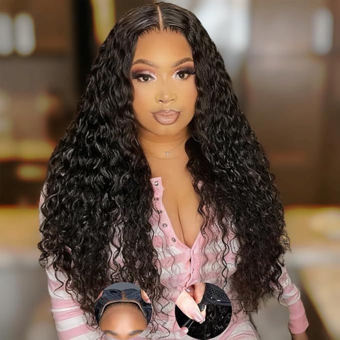Wear and Go Glueless Wigs Human Hair Pre Plucked Pre Cut 7x5 200 Density Deep Wave HD Lace Front Wigs Human Hair with Drawstring Natural Hairline Beginner Friendly Curly Glueless Wig for Women 22 Inch