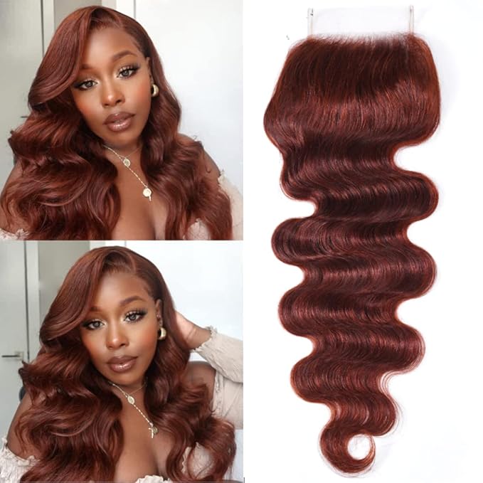 UNICE Reddish Brown Body Wave Human Hair 4x4 Lace Closure Free Part, Brazilian Human Remy Hair Auburn Brown Body Wave Human Hair Closure 33B Color 16 inch