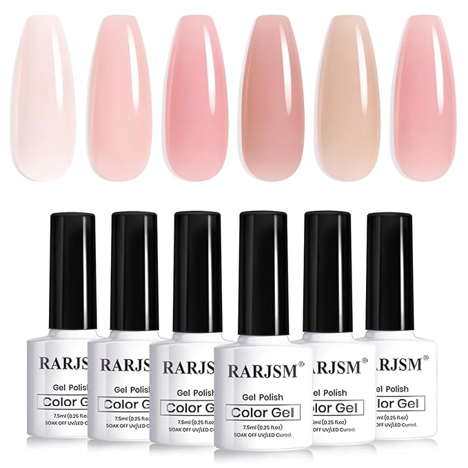 RARJSM Creamy Nude Gel Nail Polish Set Sheer Milky Barely Rose Gray Mauve Eggshell Pink 6 Pcs Neutral Jelly Skin Tone Colors French Manicure Gelpolish Soak Off Curing Requires for Home Salon 7.5ml