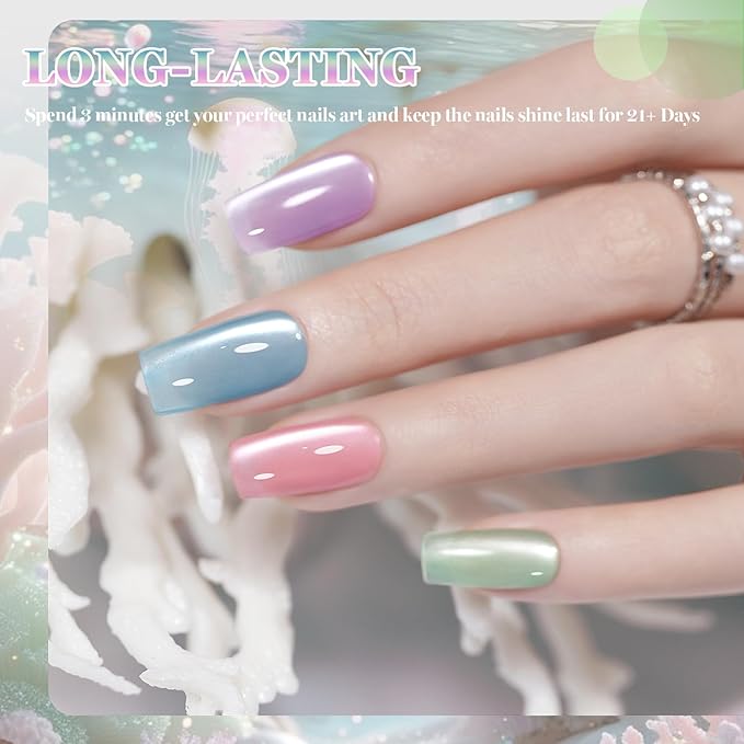 RARJSM Pastel Cat Eye Gel Nail Polish Set 6 Pcs Smoothie Ceramic Silver White Glitter Shimmer Purple Blue Green Nude Rose Pink Velvet Cateye Gel Polish with Magnetic Stick Soak off Curing Require
