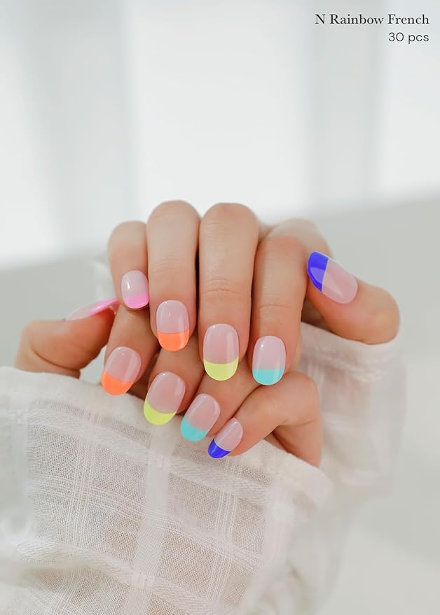 ohora Semi Cured Gel Nail Strips (N Rainbow French) - Nude, French, Works with UV/LED Lamps, Salon-Quality, Long Lasting, Easy to Apply & Remove - Includes 2 Prep Pads, Nail File & Wooden Stick