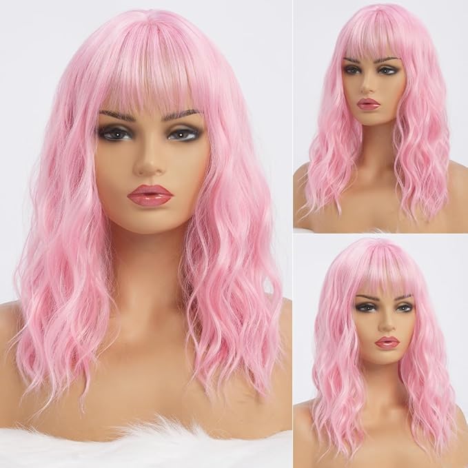 Wavy Long Pink Wigs for Women with Bangs Medium Middle Length Pink Wig with Water Wave Fringe Synthetic Heat Resistant Hair Wig for Halloween Costume Cosplay Anime Daily Party Use (16inch)