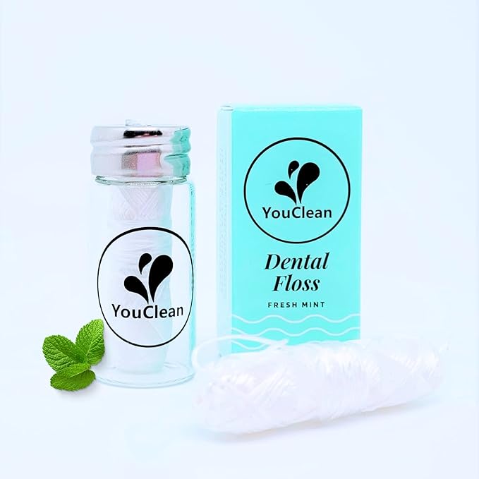 Natural Peppermint Essential Oil Infused Vegan Plant-Based Waxed Dental Floss 38 Yards/ 35 Meters in Refillable Glass Jar