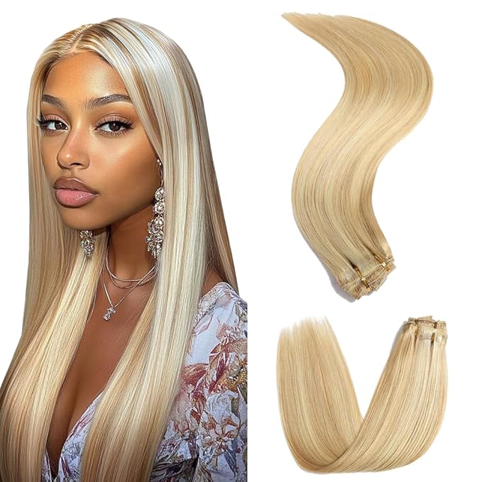 20 Inch P27/613 Blonde Clip in Hair Extensions - Real Remy Human Hair, 120g 7pcs, Highlight Blonde Human Hair Extensions Clip ins for Women