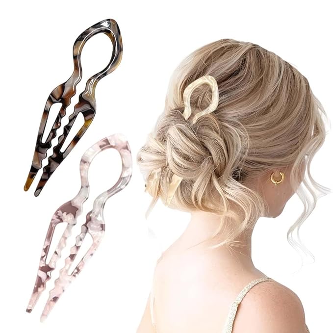 French Hair Pins for Women, Hair Pins for Majority Hair, Elegant Hair Clips for Women for Updos, Chignons French Twists, Double notch Locking Mechanism Anti-loosening Hairpins (2PCS Amber+Pink)