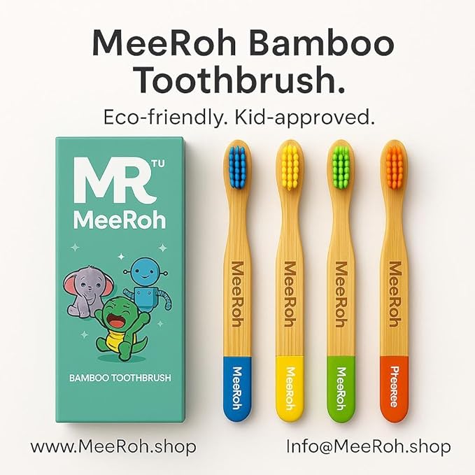 MeeRoh Bamboo Toothbrush for Kids – Eco-Friendly, Soft Bristles, 4-Pack