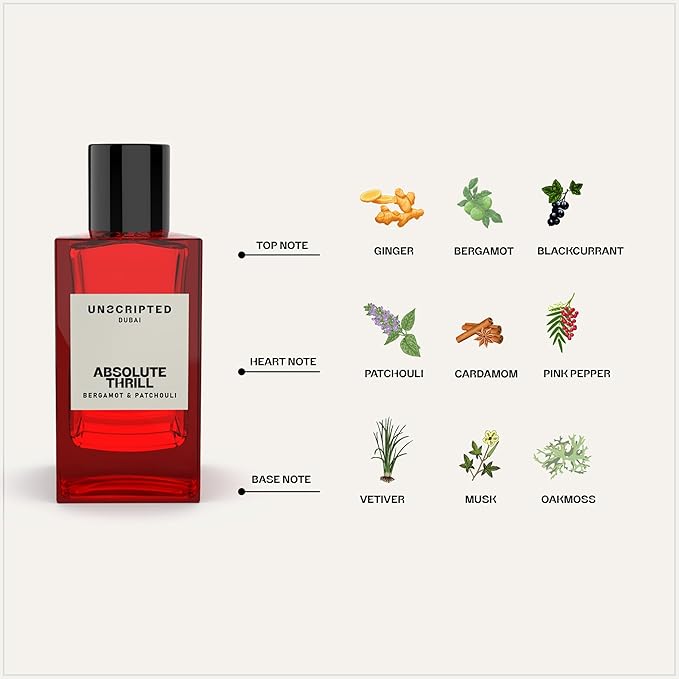 Unscripted Absolute Thrill - Bold and Unique Perfume for Men - Long-Lasting Men Perfume with Bergamot, Patchouli, Blackcurrant and Ginger - 3.4 oz
