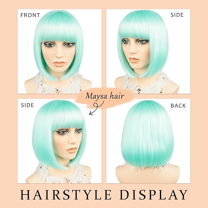 MAYSA Straight Bob Wigs with Bangs Short Bob Wig 12in Cosplay Halloween Colorful Synthetic Wigs for Women # Turquoise