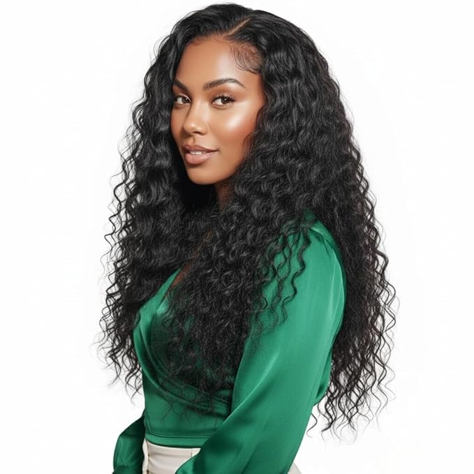 34 Inch Deep Wave Lace Front Wigs Human Hair, 13x6 HD Wet and Wavy Lace Front Wigs, Curly Human Hair Wig, 180 Density Deep Wave Wig, Pre Plucked & Glueless, Natural Color