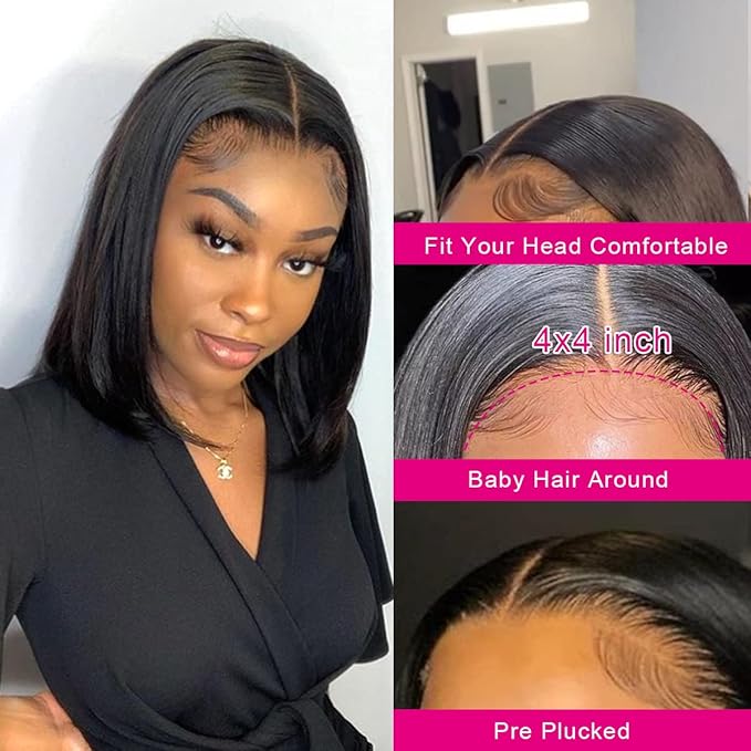 LICHANG 11 Inch 4x4 Lace Closure Bob Wigs Human Hair Wear And Go Straight Glueless Pre Plucked with Baby Hair for Black Women 180% Density