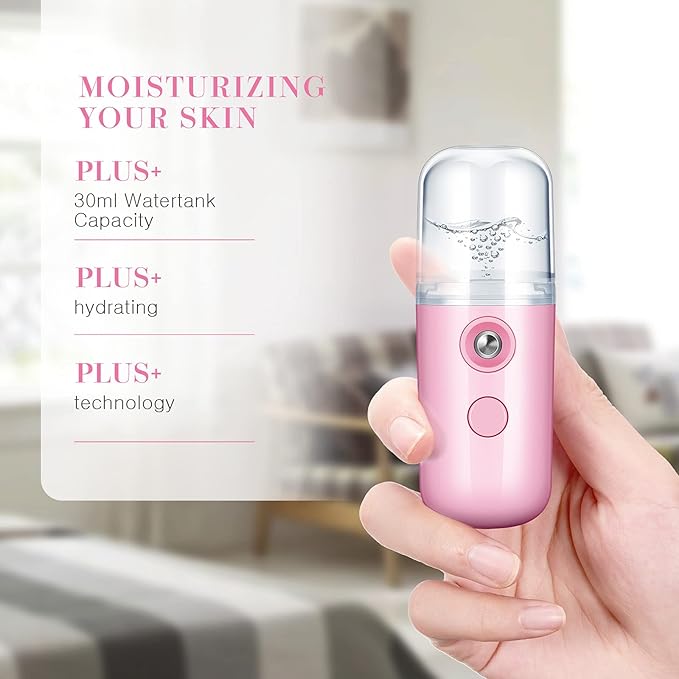 Honoson 2 Nano Facial Mister Sprayer Portable Face Nano Mister for Eyelash Extensions USB Rechargeable 1 oz Handy Skin Care Machine for Face Hydrating, Daily Makeup(Black and Pink)