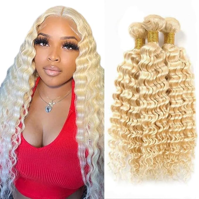 28 28 28 Inch Freiuoke 613 Bundles Human Hair Blonde Deep Wave Bundle Brazilian Virgin Hair 3 Bundles 613 Deep Wave Bundle Hair Extensions