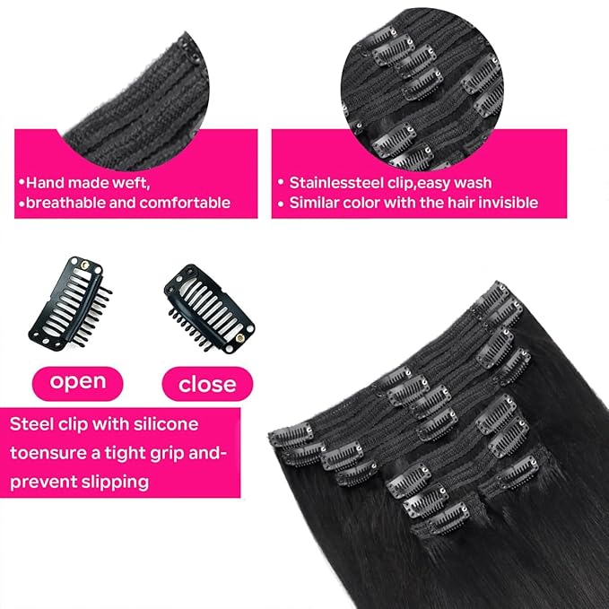 Yaki Straight Clip in Hair Extensions Real Human Hair 8Pcs Remy Human hair Clip ins for Women, Natural Soft Human Hair 120g 24inch #1B Natural Black