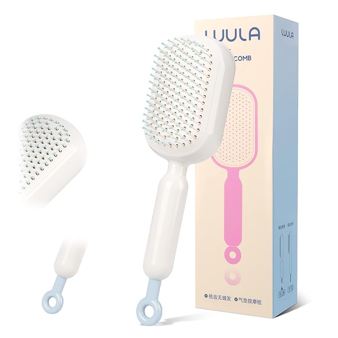 Self Cleaning Hair Brush, Retractable Cushion Massage Comb Brush, One-pull Clean Anti Static Brushs, Hairs Styling Tools for All Hairs Types, Retractable Hair Brush for Women Men (white)
