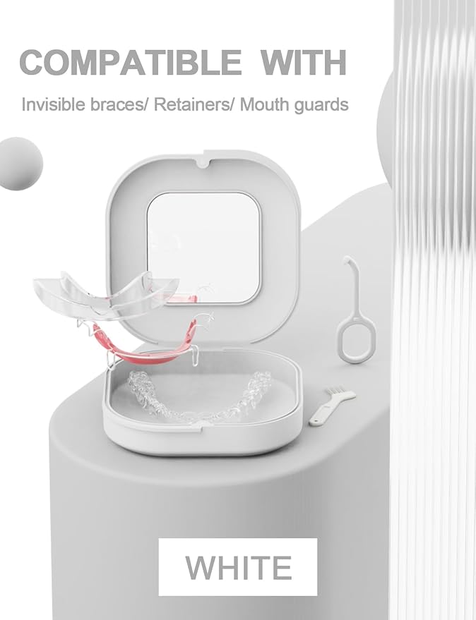 HEMILAB® Retainer Case with Mirror, Slim Aligner Case with Vent Holes, Compatible with Invisalign, Mouth Guard Box with Retainer Removal Tool, White