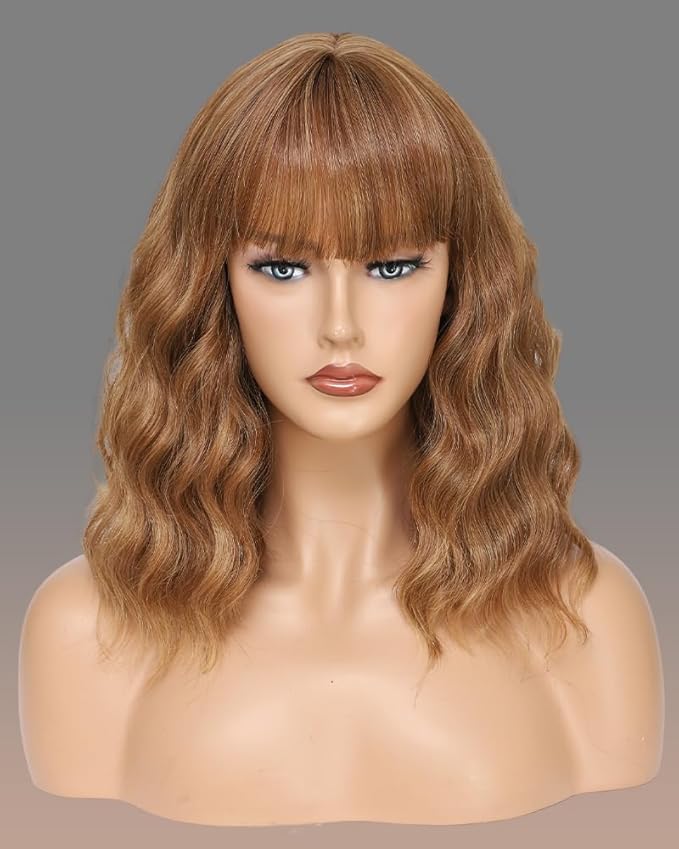 WAVE&BREEZE Honey Brown Mixed Blonde Wig with Bangs Short Curly Bob Wigs for Women 14 Inch Shoulder Length Natural Looking Hair Replacement Wigs for Cosplay Party Use