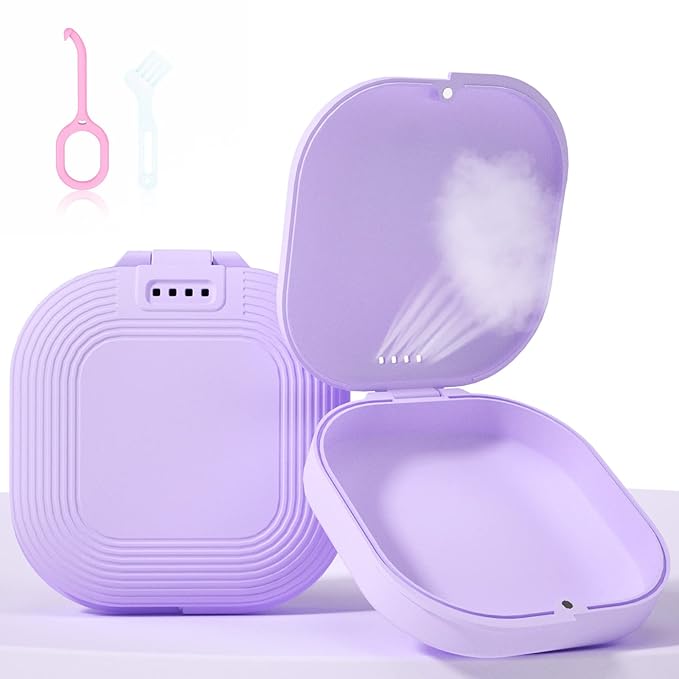 Slim Retainer Case With Vent Holes, Compatible With Invisalign, Mouth Guard, Removal Tool and Brush, Purple