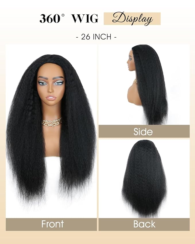 Kinky Straight 3 in 1 Half Wig Human Hair 200% Density for Women, Glueless Wear & Go No Lace Flip Over Wig, Seamless Beginner-Friendly Clip In Half Wigs, 28 Inch